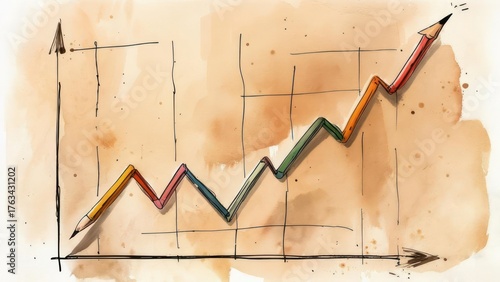 Hand-drawn graph with colored pencil line, depicting upward trend on textured backdrop