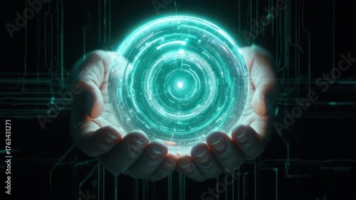 Hands holding a glowing, turquoise sphere with digital circuitry patterns