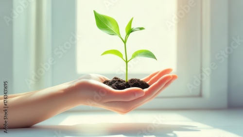 Hands holding a young sprout. Sunlight through window
