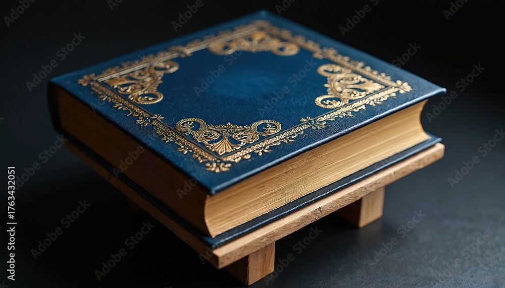 Fototapeta premium Dark background displays navy blue leather book on wooden stand. Intricate gold detailing adorns cover of this antique volume. Thick tome exudes sense of history, wisdom, perfect for literary themes.
