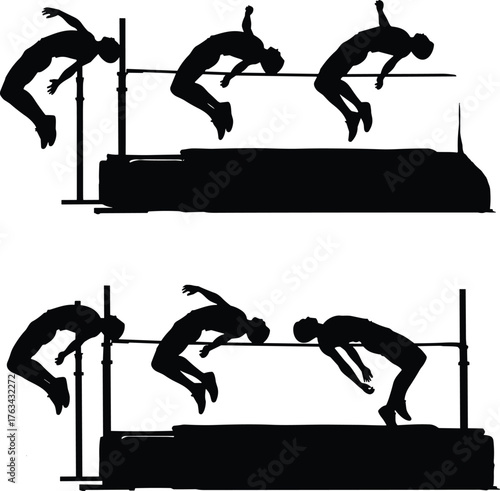 High jump silhouette sequence, Fosbury Flop technique, athletic motion, sports training, biomechanics, track and field, jump phases, coaching visual aid
