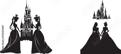 Silhouette of two elegant princesses standing near a fairytale castle, symbolizing royalty, fantasy, beauty, and imagination — black and white princess illustration for storybook, design, and logo con
