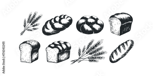 Collection of Hand Drawn Loaf Bread and Wheat Stalks