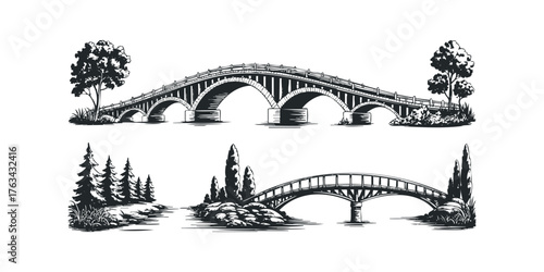 Arched Stone Bridge Over Water with Trees