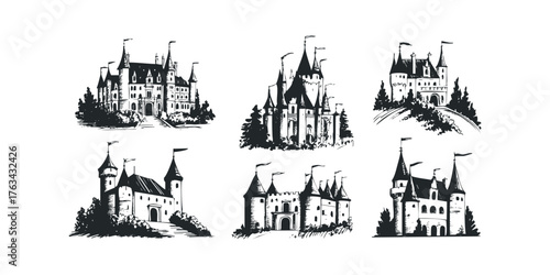 Collection of six gothic style castle silhouettes on white background