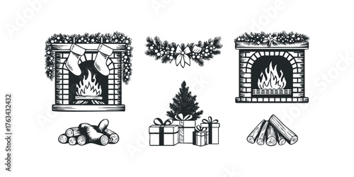 Holiday Fireplaces with Ornaments and Gifts