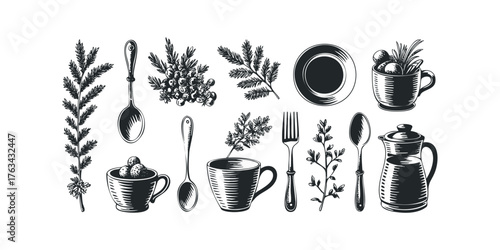 Collection of vintage kitchenware and botanicals