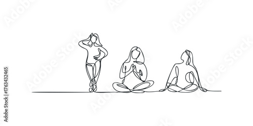 Three women figures in continuous line style with varying poses