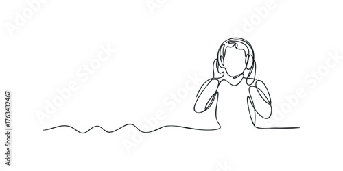 Minimalist continuous line drawing of a child wearing headphones