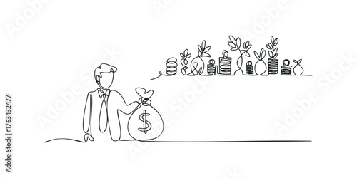 Man holds money bag with plant growth progression