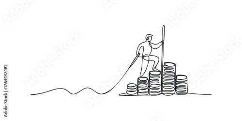 Man climbing stack of coins towards pole