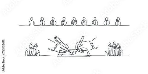 Group signing contract agreement with pen and document