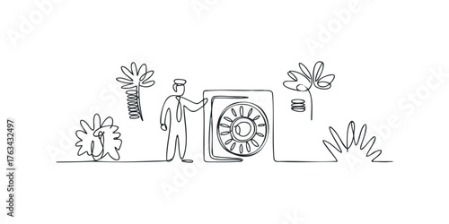 Man in hat interacting with a large circular object surrounded by stylized plants