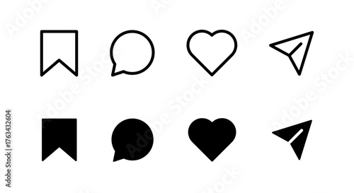 Social media icon set with heart, chat, bookmark and send symbols, bookmark save button, heart like symbol, chat message bubble, send message, Vector illustration.