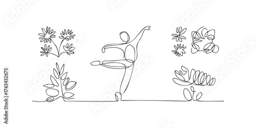 Continuous line drawing of a ballet dancer in motion with floral elements