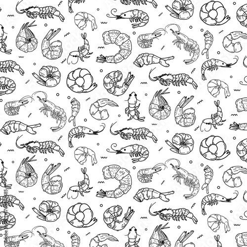 cute hand drawn shrimp doodle animal seamless pattern