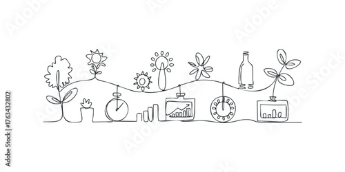 Continuous line drawing of plants, clocks, and growth charts