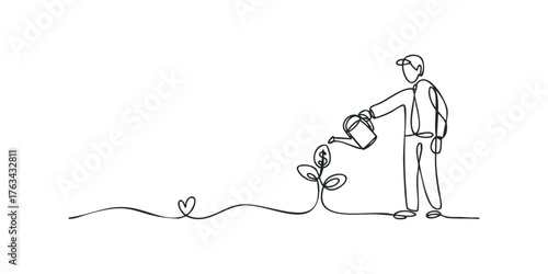 Man watering plant yielding dollar coins in minimalist line art