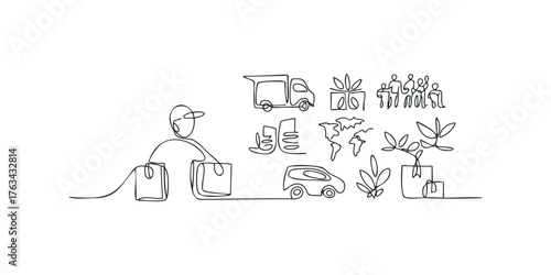 Line art of delivery person with packages and logistics icons