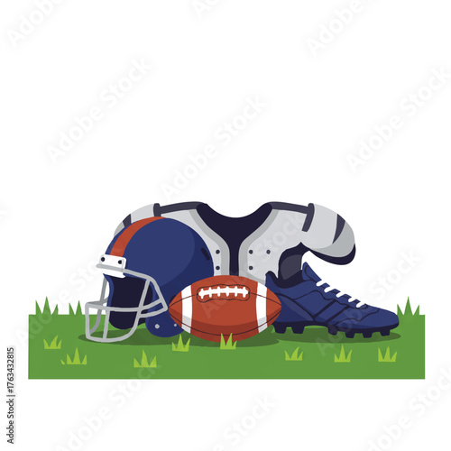 American football helmet, a pigskin ball, shoulder pads, and cleats rest together on the vibrant green sideline grass, presented as a simplified 2D flat vector illustration.