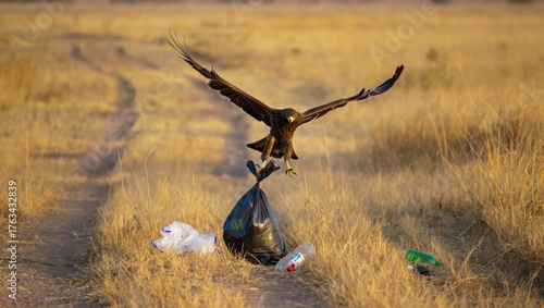 Majestic Bird Of Prey Soaring With Trash In Natural Landscape