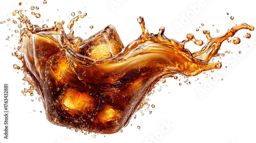 Glass of cola with splash isolated on transparent white background