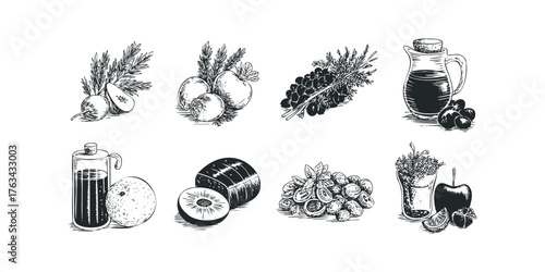 Assortment of Fresh Fruit and Vegetable Illustrations
