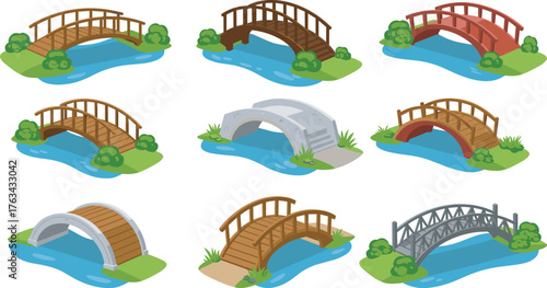 Set of different small garden bridges over water, wooden, stone, and metal bridge illustration for landscape design and outdoor architecture concept