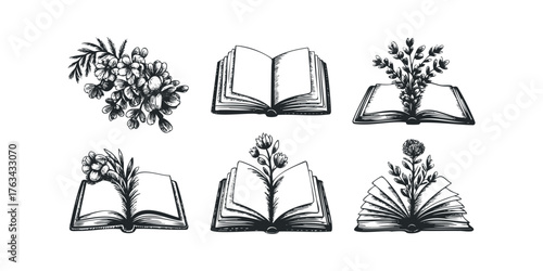 Floral Illustrations Emerging from Open Books