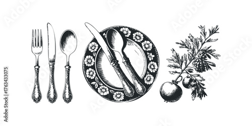 Ornate Fork, Knife, Spoon, Plate, and Berry Branch Artwork