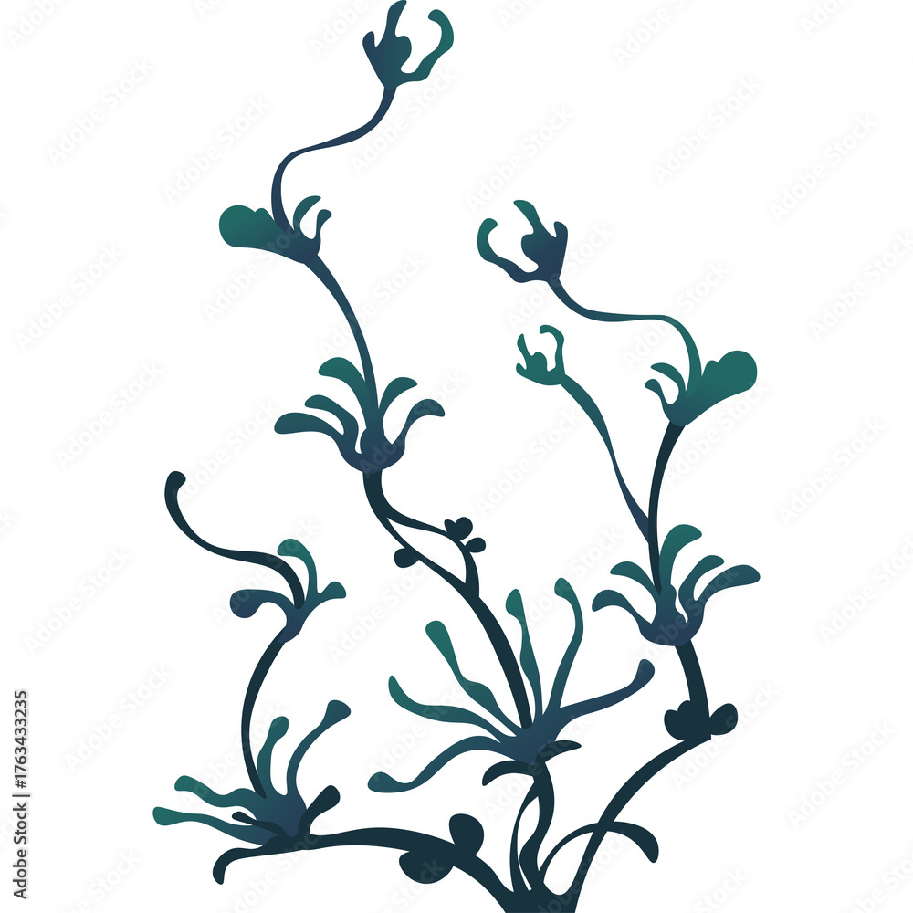 Fototapeta premium Abstract aquatic plant illustration with swirling stems and teal blue foliage on a transparent background suitable for digital design elements