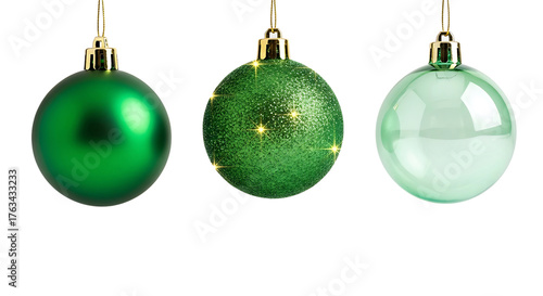 Three green christmas baubles isolated on transparent background