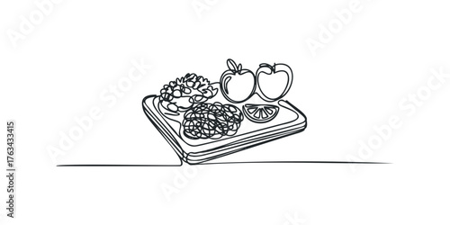 One Line Drawing of Breakfast Plate with Fruit and Grains