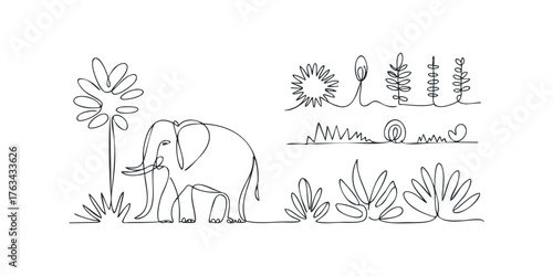 Single line drawing of an elephant with flora and foliage