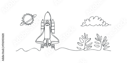 Space shuttle launch with planet and sun