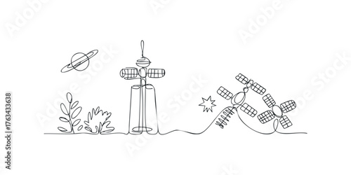 Continuous line drawing of space objects and plants