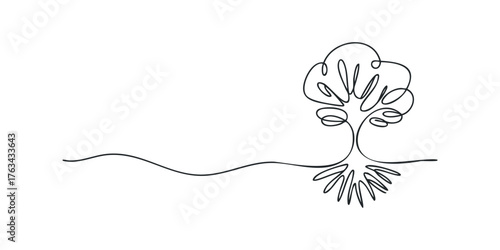 Single Line Drawing of Tree with Roots and Waving Ground Line