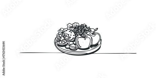 Still life drawing of fruit and berries on a plate