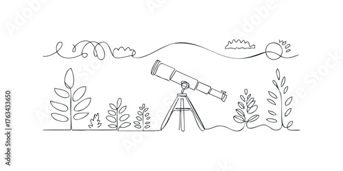 Single line drawing of a telescope among stylized plants