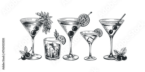 Cocktail collection with garnishes on white background