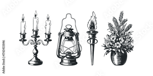 Vintage Candle Holder, Oil Lamp, Torch and Flower Arrangement Illustration