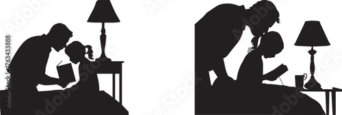 Silhouette of a caring father helping his daughter read a book under a lamp, representing education, family bonding, love, parenting, learning, and support in a calm home environment illustration