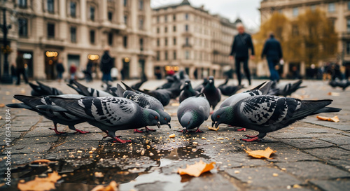 A flock of pigeons gathered around crumbs on wet cobblestones in a European city square, with blurred people in the background. Captures urban life and common city scenes.