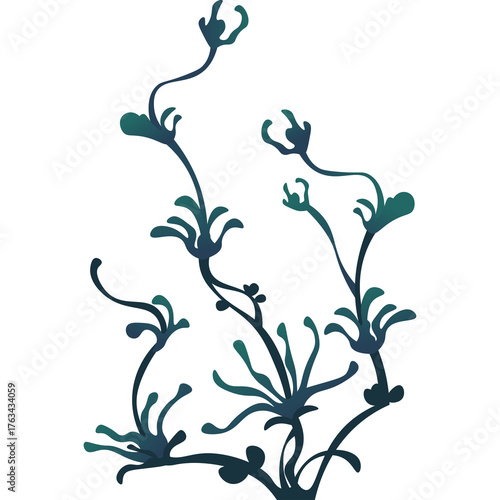 Abstract aquatic plant illustration with swirling stems and teal blue foliage on a transparent background suitable for digital design elements