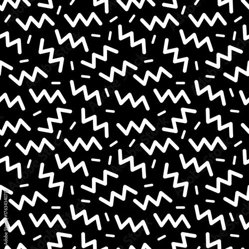 Abstract Black And White Geometric Pattern With Zigzag Shapes And Small Dash Elements On Transparent Background