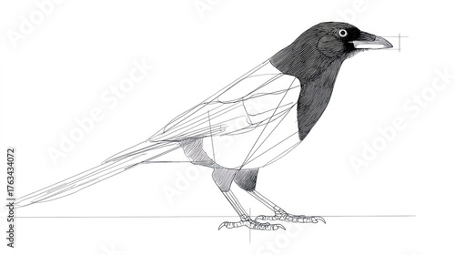 Detailed line drawing of magpie