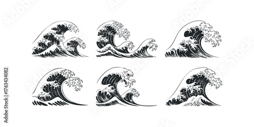 Six Vintage Style Ocean Wave Illustrations