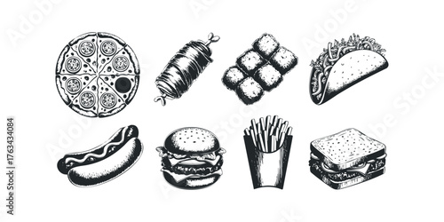 Set of Fast Food Icons With Pizza Burger Hot Dog Taco and Fries