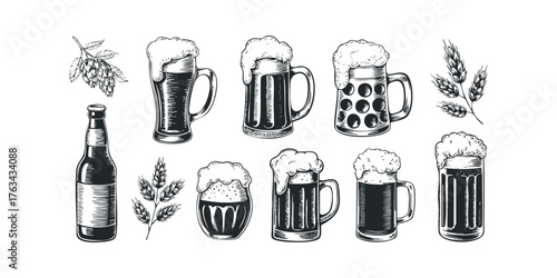 Collection of Hand Drawn Beer Mugs and Ingredients