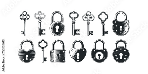 Collection of vintage padlocks and ornate skeleton keys